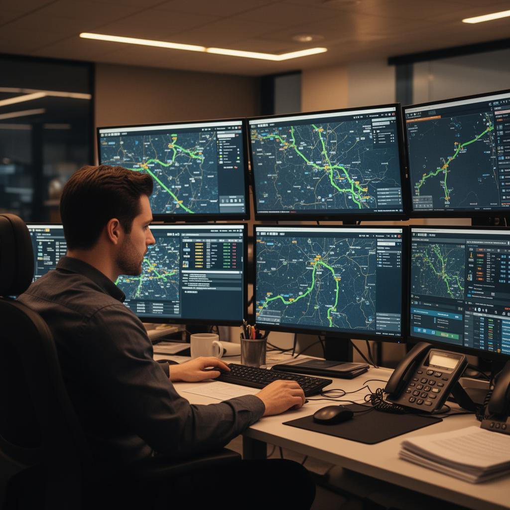 HJGB Logistics dispatch operations center with live fleet tracking